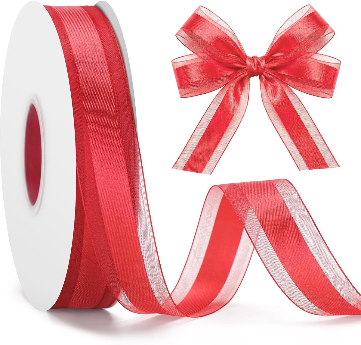 Rood organza lint - 25 mm x 50 m (44 m) - transparant organza lint voor geschenken, bruiloften, decoraties, handwerk, feesten en verpakkingen
