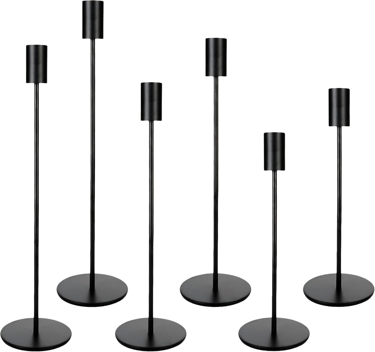 Kandelaarset van 6 stuks, 6 stuks, zwart, cilindrisch in 3 verschillende hoogtes, geschikt voor bruiloften, verjaardagsfeesten, diners bij kaarslicht