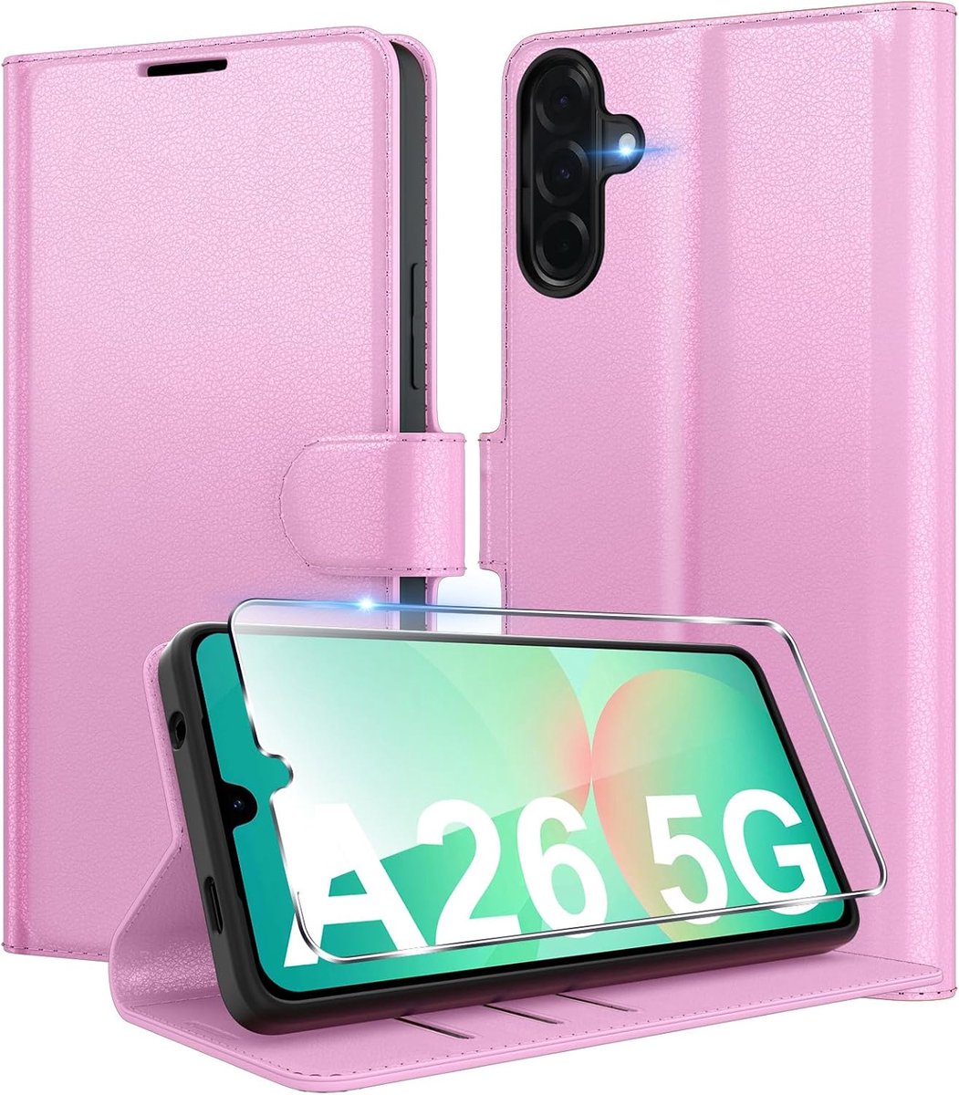 Telefoonhoesje voor Samsung Galaxy A26 5G, premium PU-lederen portemonnee, kaartenvak, standfunctie, beschermhoes, stootvaste klaphoes, flip case met 1 stuk pantserbescherming, glas, roze