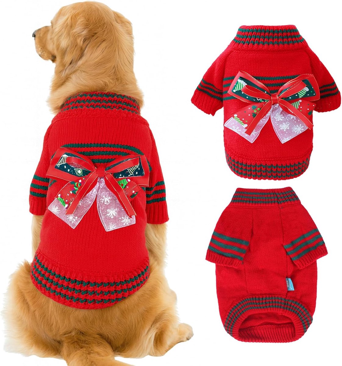 Hondentrui met strik voor huisdieren, gebreide kleding, kat, winter, warme pulloveroutfits, koud weer kerstsweatshirt voor puppy, kitten, chihuahua yorkie (rood, XL)