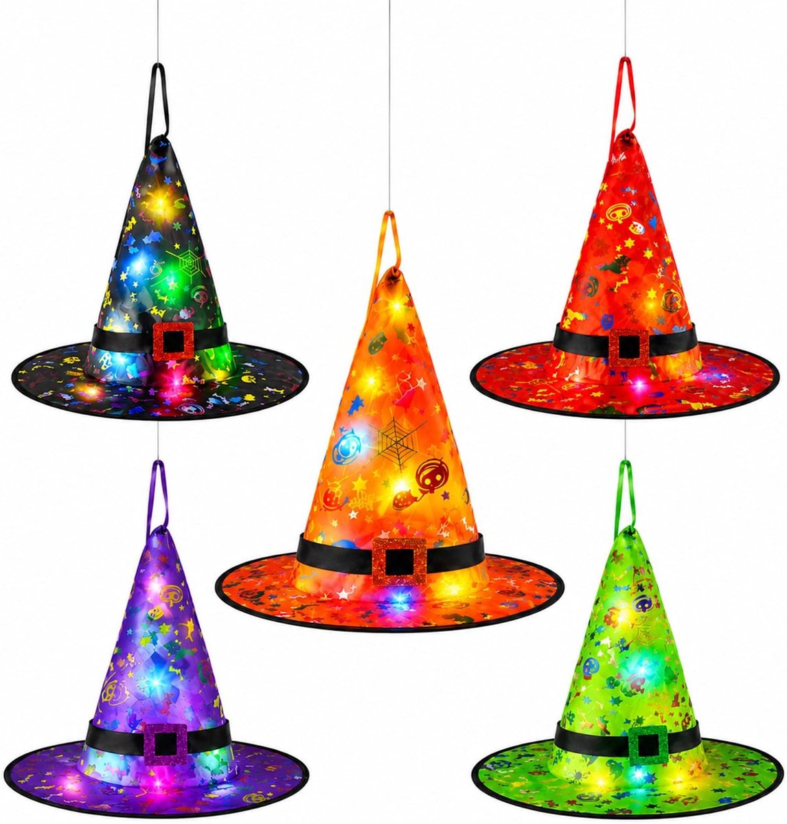 Halloween, 5 stuks, heksenhoed voor kinderen, met licht, hangende lichtgevende hoed voor kinderen, heksenhoed, tovenaarshoed, kinderen, cosplay, heksenmuts, kostuum