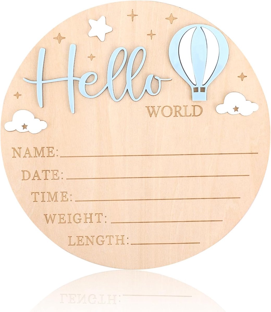 Bord voor Aankondiging Pasgeboren Baby's, 15cm Rond Houten Bordje Hello World Geboortenaambord met 3D-Luchtballon Wolken Sterren Decoratie voor Thuis Ziekenhuis Kinderkamer Foto-Accessoires