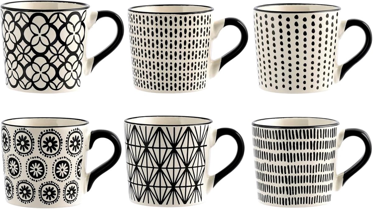 Set van 6 Theekopjes, Vhera, Multifunctioneel, Steengoed, Decor, Zwart en Wit, 220 cc