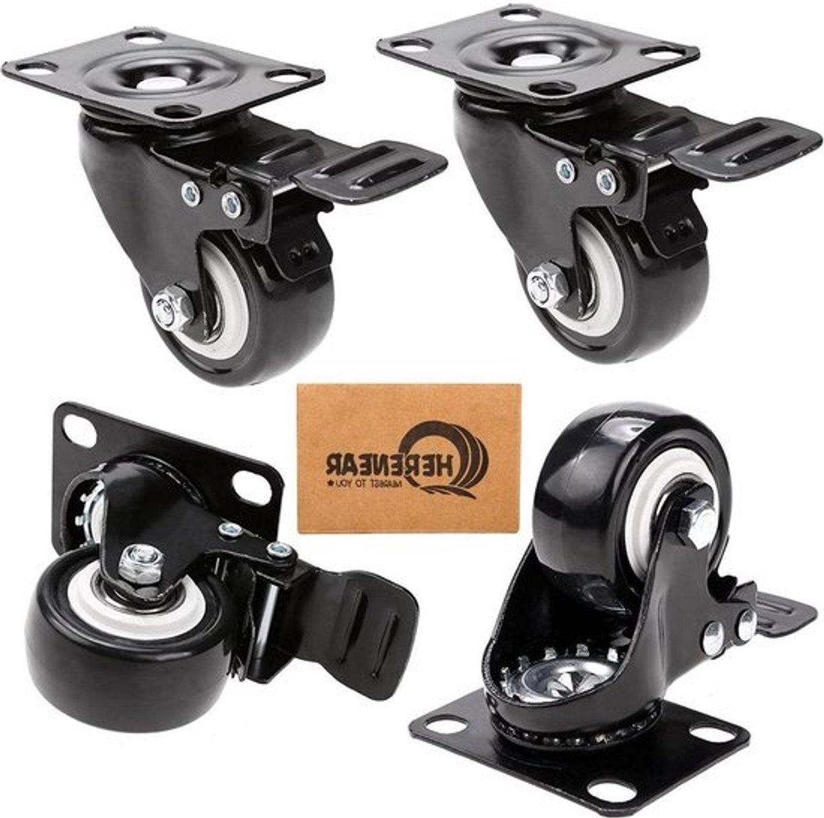 4 stuks 50mm zwenkwielen met rem - capaciteit 400kg - rubber (Type 1)