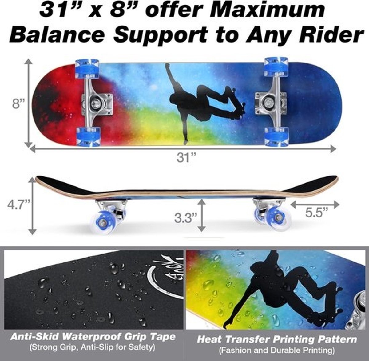 80x20cm Compleet Cruiser Skateboard voor Kinderen, Jongeren en Volwassenen - 7-Laags Canadese Esdoorn Double Kick Deck Concaaf met Skate T-Tool - Ideaal voor Beginners
