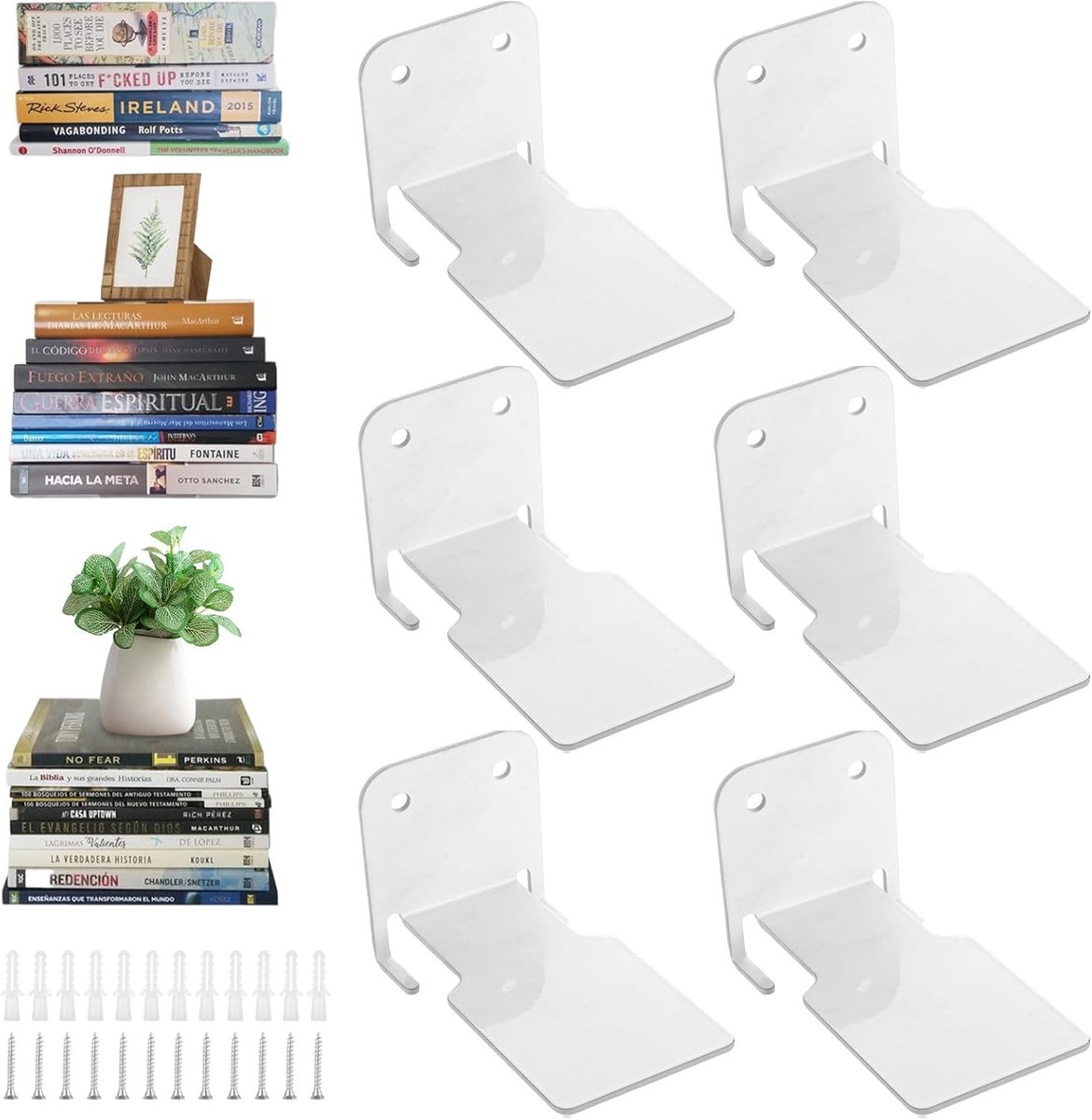 Drijvende Boekenkast met Bevestigingsmateriaal, Robuuste Wandplank voor Multifunctioneel Gebruik in Kantoor, Keuken en Woonkamer, 6 Stuks (Wit)