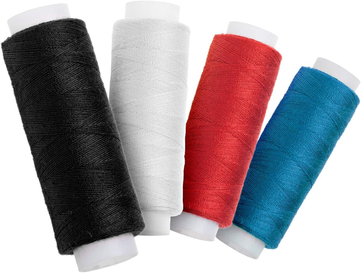 Naaigaren en naald naaigaren set, Naaibenodigdheden: 4 rollen naaigaren, 100% polyester; lengte: 100 m per stuk. Standaardkleuren.