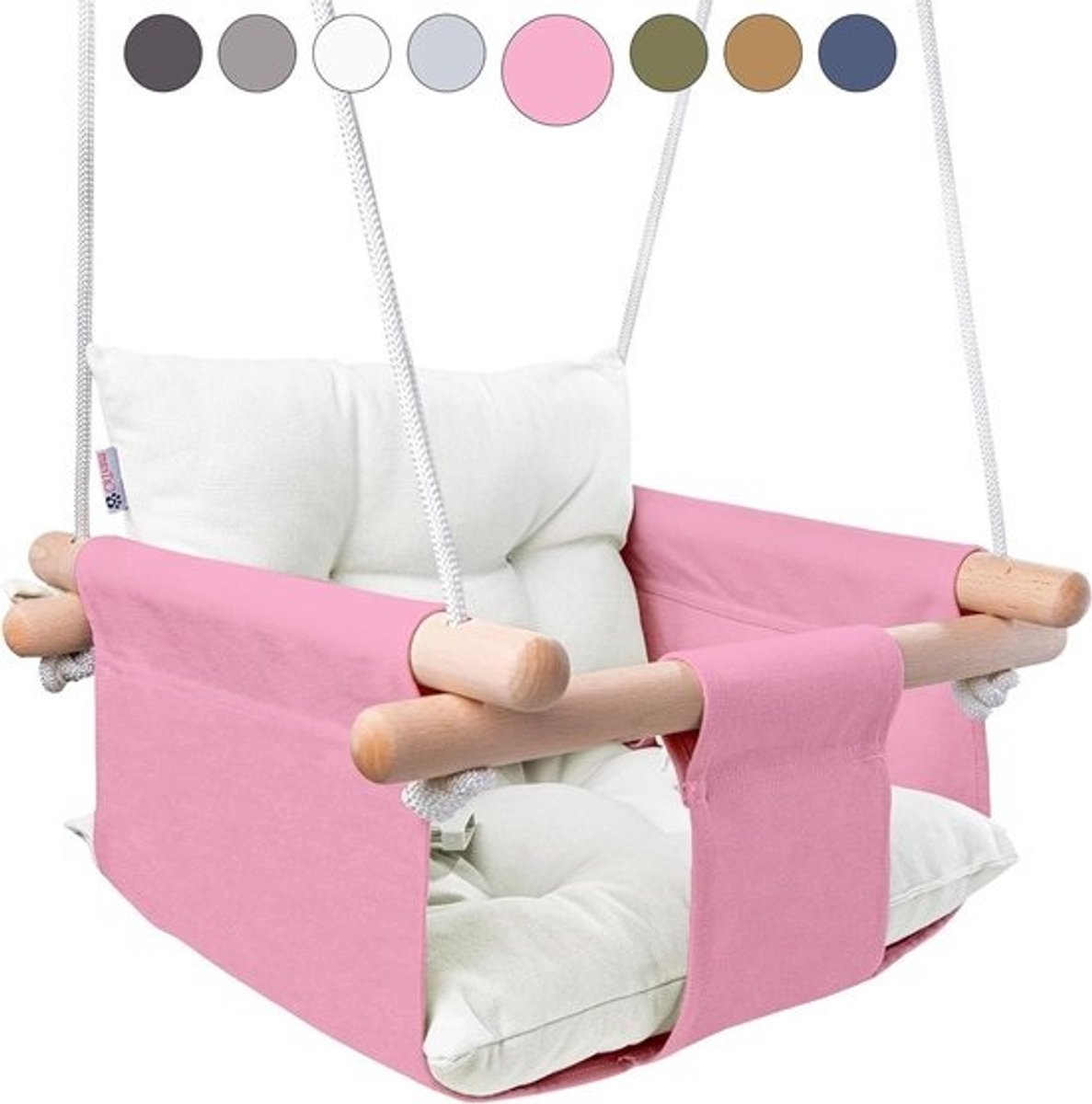 Canvas babyschommel houten hangende schommelstoel veiligheidsgordel duurzame babyhangstoel outdoor indoor kinderen montagemateriaal roze