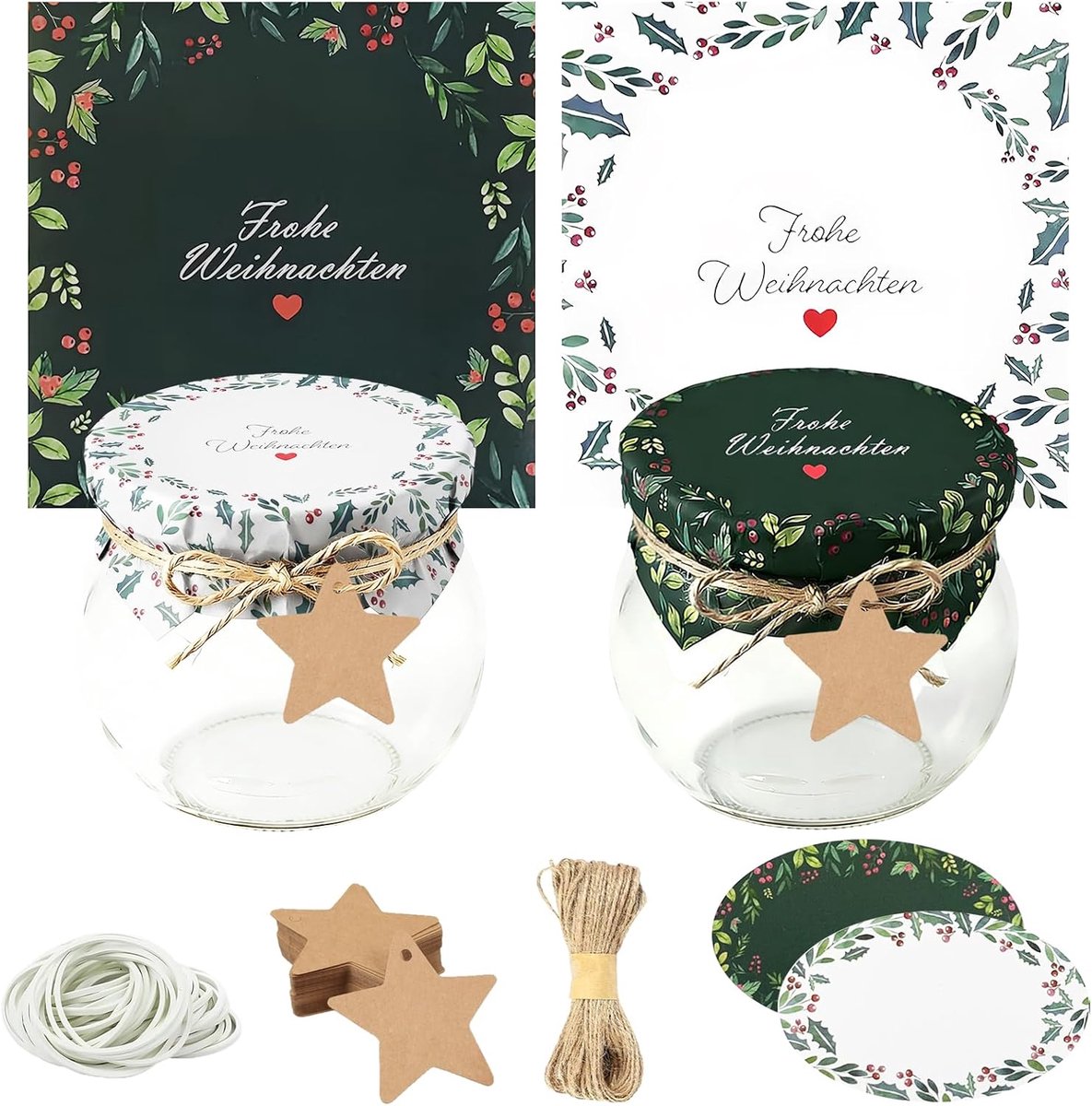Set van 40 kerstdeksels voor jampotten, 40 papieren deksels + 40 jampotetiketten + 40 etiketten + 20 meter touw + 40 elastiekjes (wit en groen)