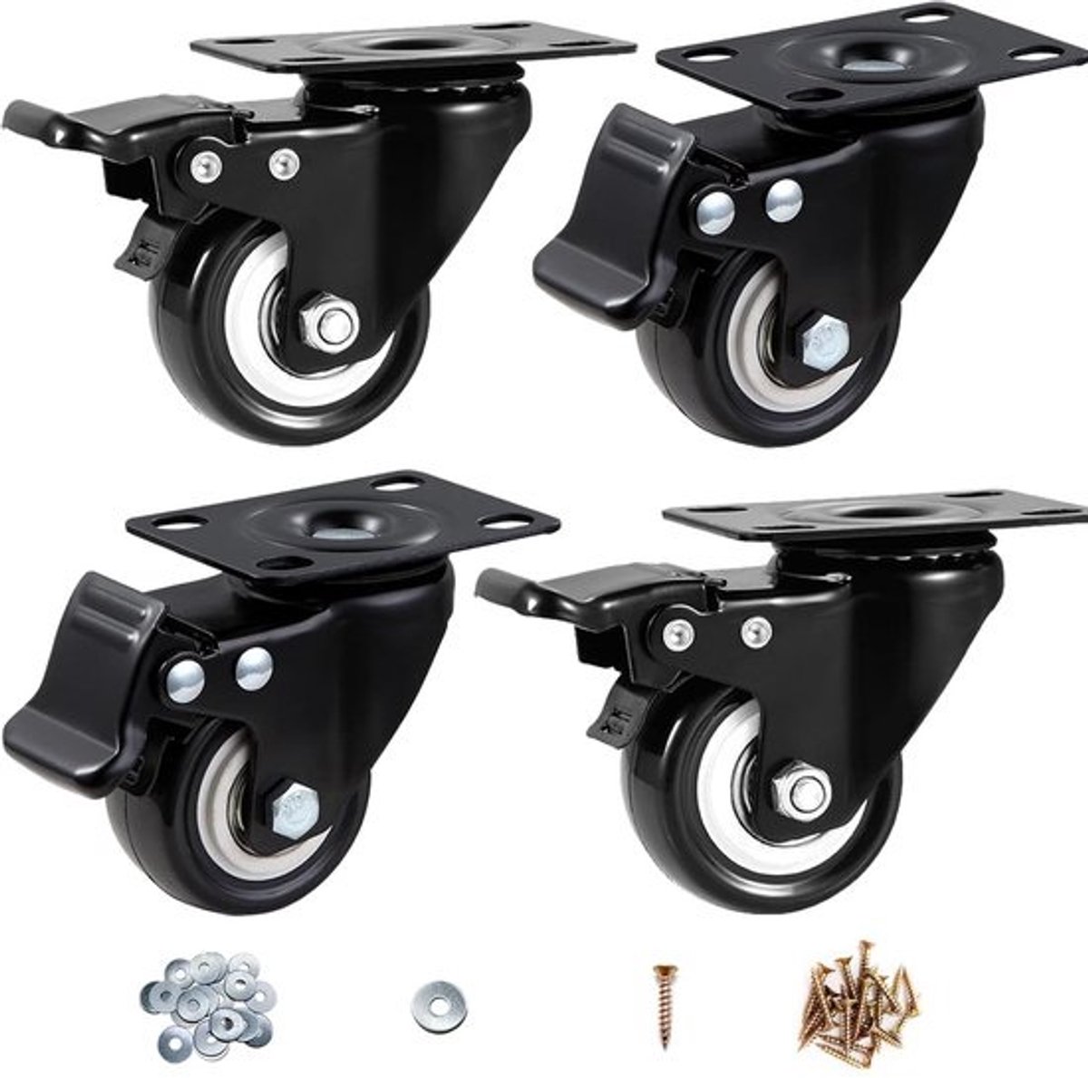 Zwenkwielen 50 mm met rem - 4 stuks, belastbaar tot 300 kg - stille PU-wielen voor zware lasten