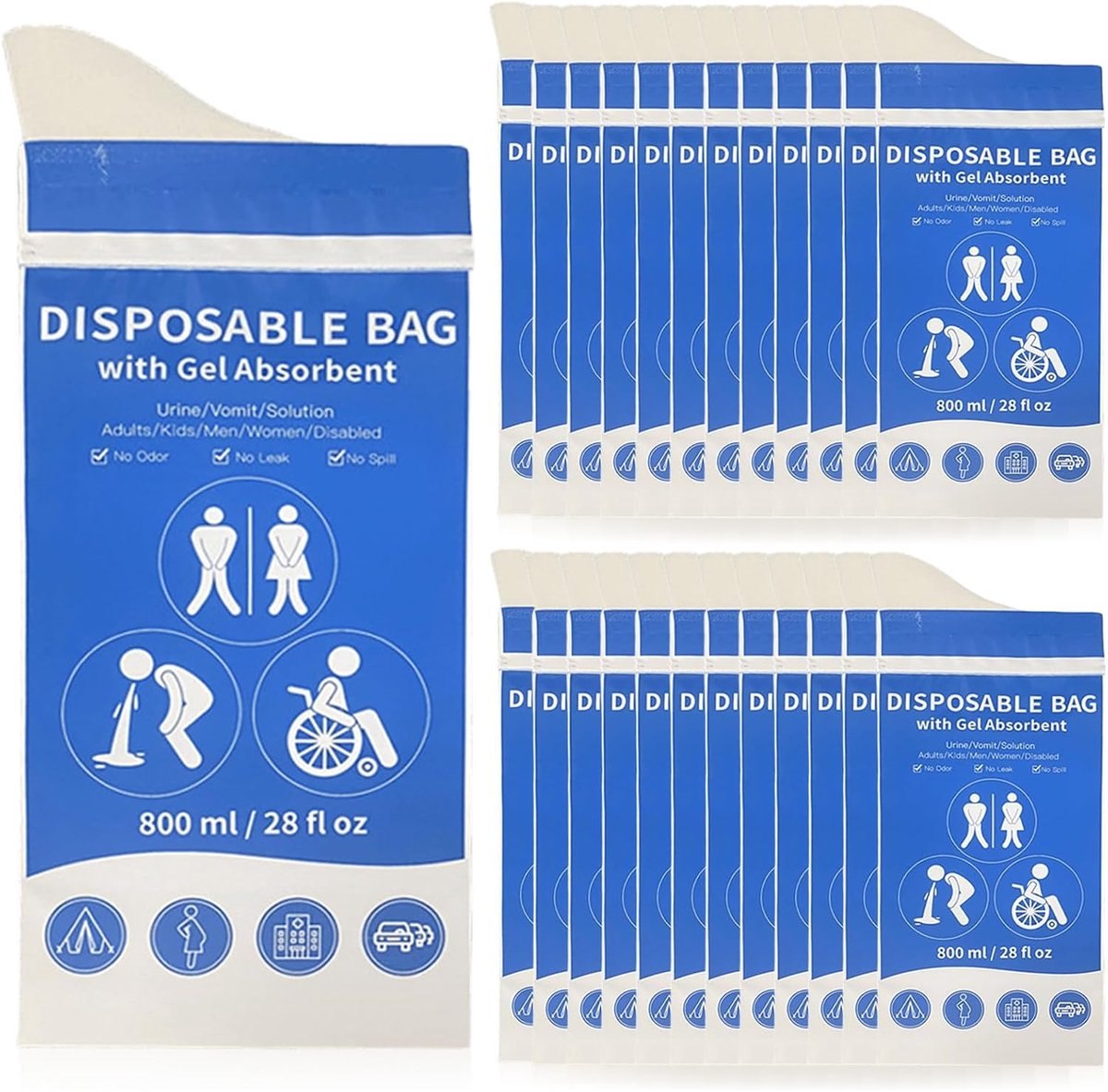 24 stuks draagbare urinezakken voor onderweg, 800 ml, plaszak, gel-urinezak, reistoilet, noodtoiletten, kotszakken, reis-urinoir voor mannen, vrouwen, zwangere vrouwen, kinderen