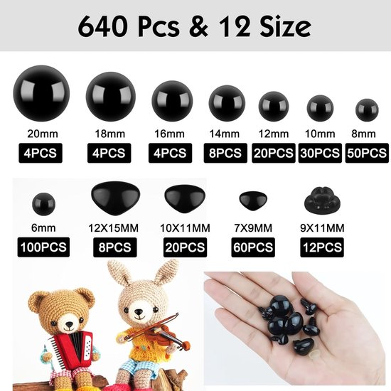 Veiligheidsogen voor Haakdieren, Zwarte Amigurumi Ogen van 6-20mm voor Creatief Haken en DIY Projecten — afbeelding 5