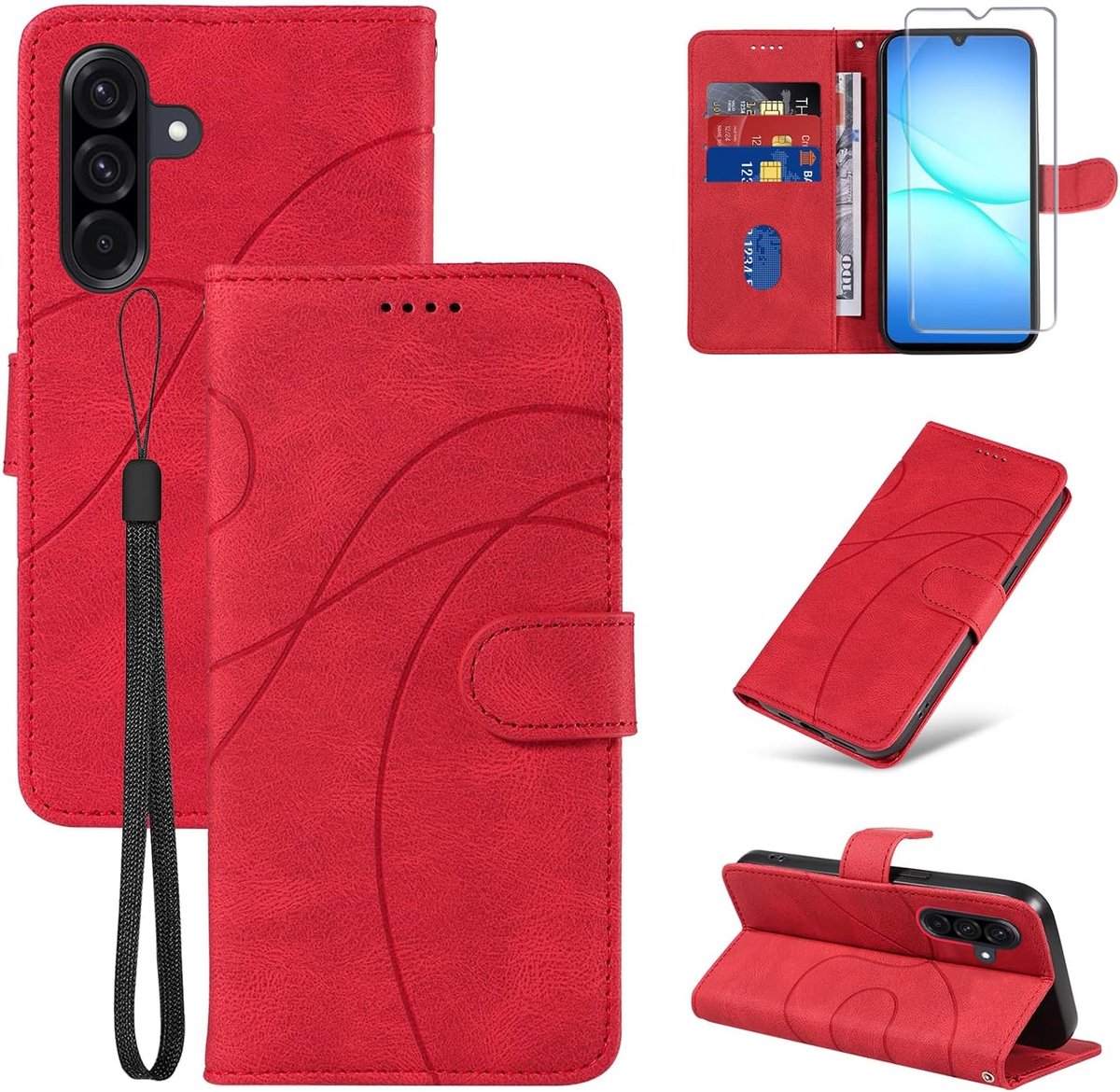 Beschermhoes voor Samsung Galaxy A17 4G/5G met 1 stuks gehard glasbescherming, premium PU-leer, multifunctioneel, magnetisch, portefeuille, flip case, beschermhoes voor Samsung Galaxy A17, rood