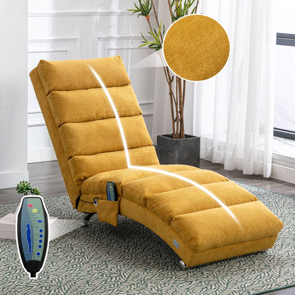 MEUNIQ Chaise longue met massage en vibratie, ergonomische rugleuning 148 x 55 x 84 cm, zijvak, linnen, woonkamer slaapkamer kantoor, mosterdgeel