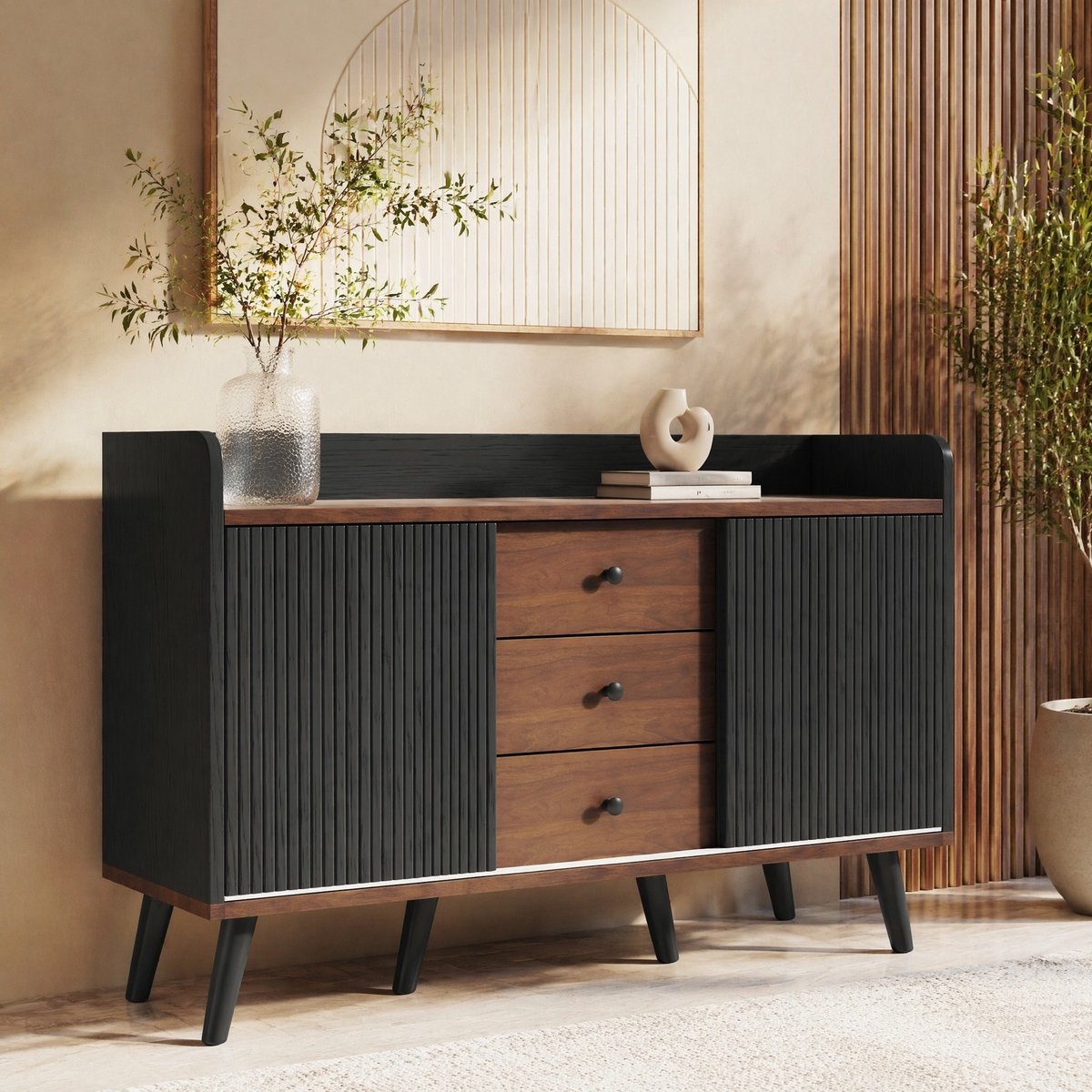 MEUNIQ dressoir 117,5 x 40 x 80 cm met 3 lades, 2 gestreepte schuifdeuren en verstelbare planken voor woonkamer, eetkamer of hal – zwart en houtkleurig