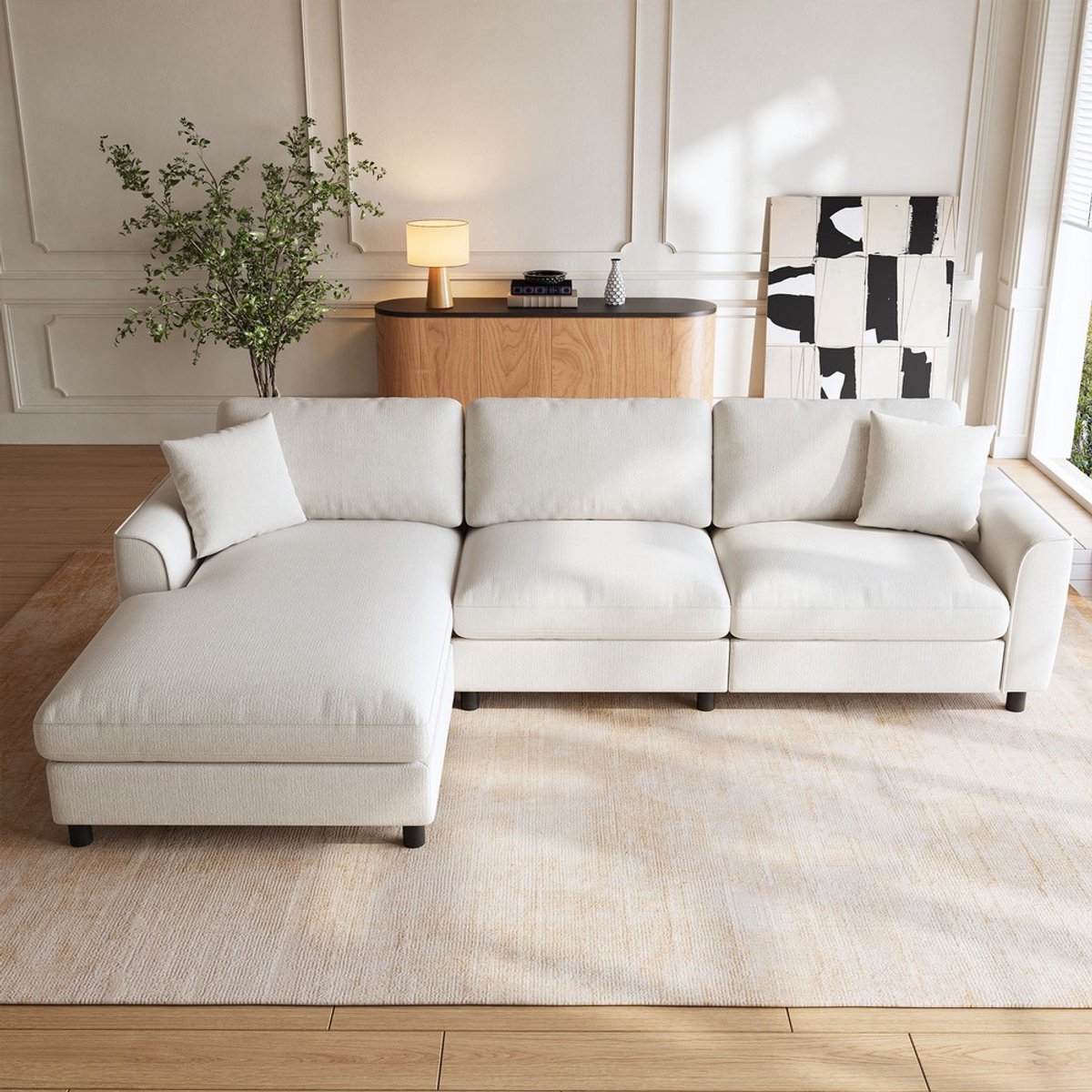 KOMHTOM Hoekbank in wolkvorm voor drie personen met verstelbaar groot liggedeelte, 90 cm extra breed ligoppervlak, modulaire multifunctionele hoekbank voor de woonkamer, totale afmetingen 256×137×79 cm, beige