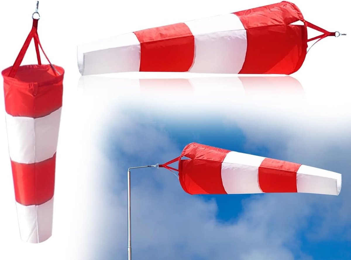 Windsok voor Buiten met Richting Indicator en Gestreepte Polyester Band - 80 cm, Rood en Wit, Meet Windkracht en Richting