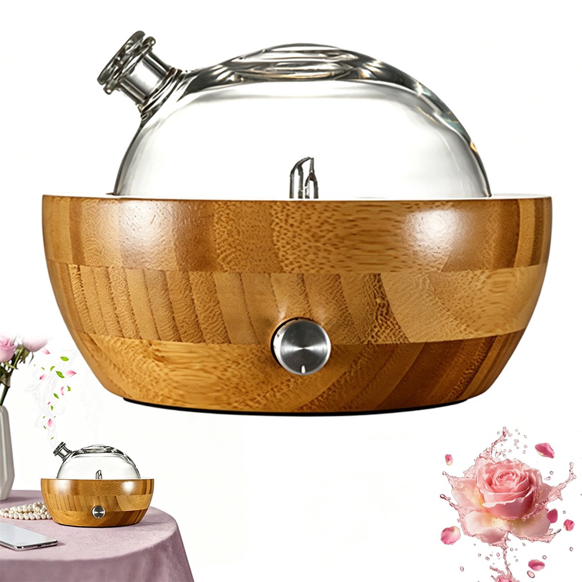 Aromadiffuser - Aromabevochtiger - Houten diffuser - Diffuser voor etherische oliën - Diffuser voor thuis - Stil - Gemaakt van glas en bamboe - Met LED-verlichting - Cadeau — cadeau in Wonen & Interieur - foto 6
