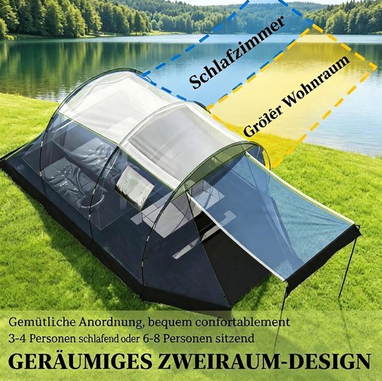 DESMIU Tunneltent - 4 Personen - 460 x 260 x 190 cm - Polyester - Blauw - Stahoogte 190 cm, Dubbele Wand Met Voorluifel — afbeelding 5