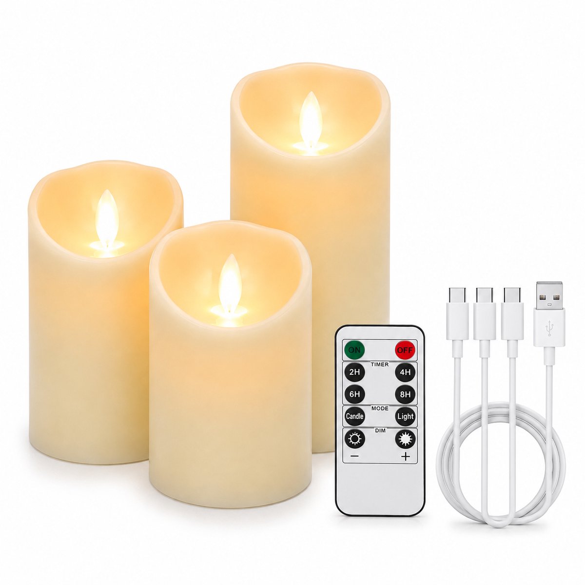 LED Kaarsen - Nep - Stompkaars - Flikkerende Vlam - USB - Afstandsbediening - Set van 3 - Warm Wit Licht - Voor binnen,buitengebruik,feesten,vakantiedecoraties