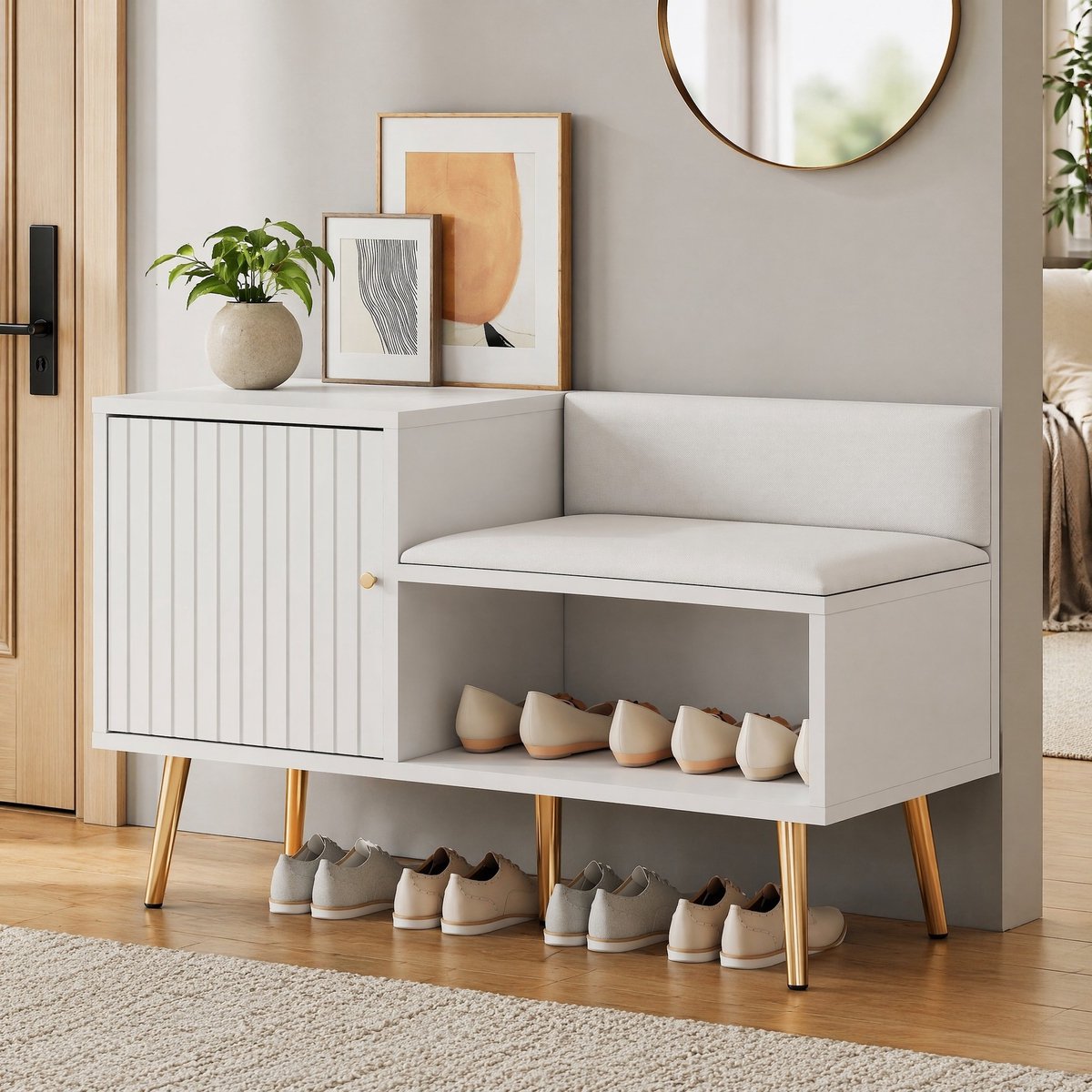 MEUNIQ Schoenenkast met zitting en rugleuning 100 x 38 x 58 cm, opbergbank met metalen poten en open vak voor hal, wit en goud