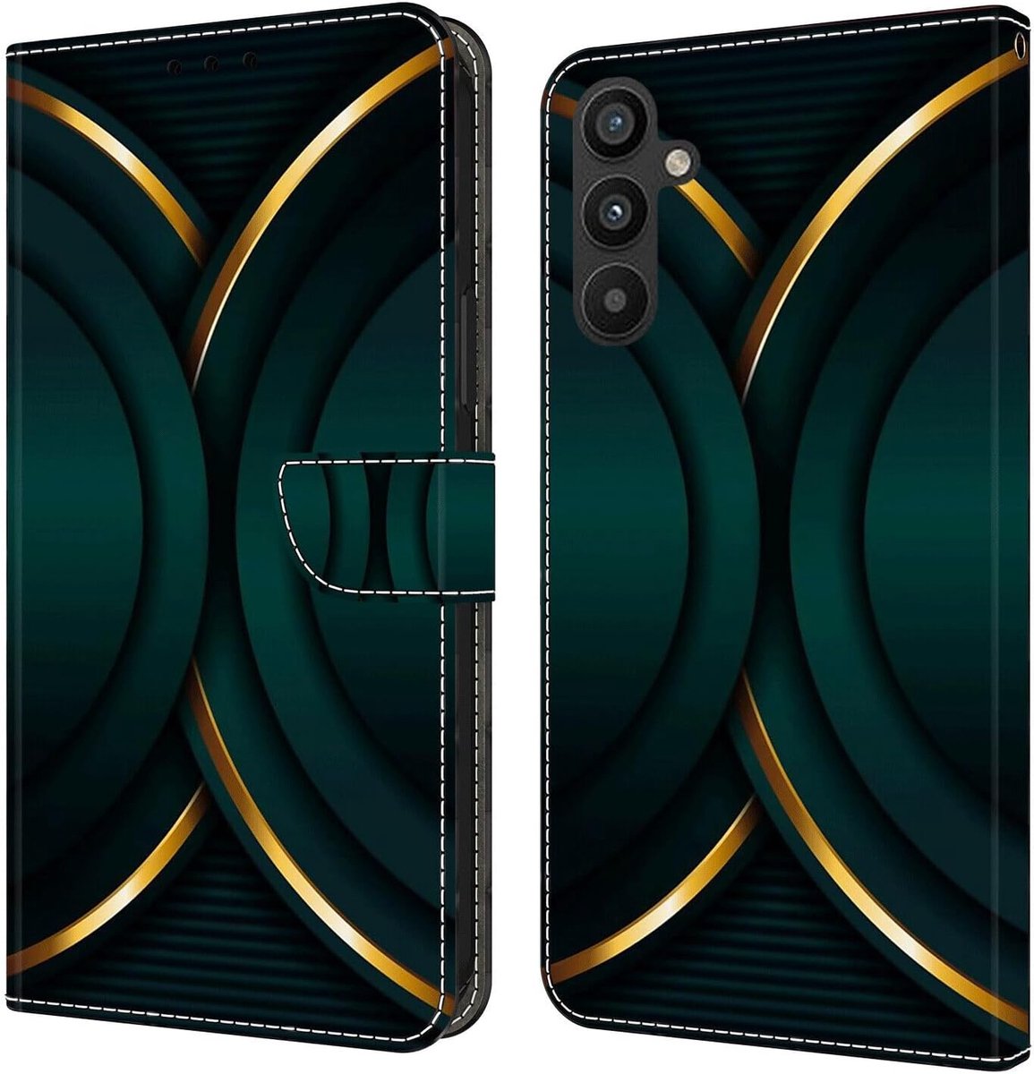 Hoes voor mobiele telefoon, compatibel met Samsung Galaxy A16 5G, hoes van PU-leer, klaphoes met standaard en kaartsleuven, beschermhoes, portefeuille, case, cover, gouden rand, contour