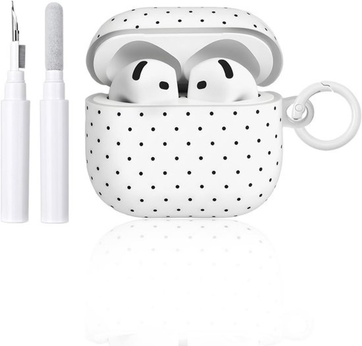 Comapatibel met AirPods 4 hoes met reinigingsset, hoes met stippen en golfpatroon, esthetisch design, krasbestendige sleutelhanger, zachte hoofdtelefoon, telefoonhoes - wit