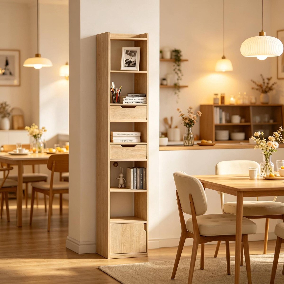 MEUNIQ Staande boekenkast 33 x 24 x 181 cm met 6 open vakken, verstelbare plank, 2 lades en kastdeur voor woonkamer, keuken of werkkamer, licht eiken