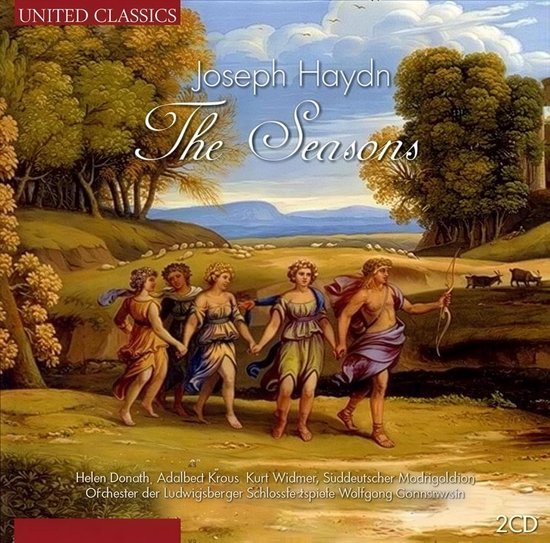 Albumhoes voor 'The Seasons' van Joseph Haydn. Scène met figuren in antieke kledij op een heuvel met schapen.