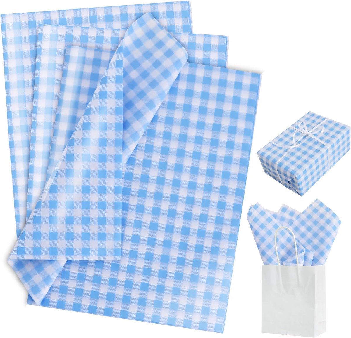 50 vellen blauw en wit gingham vloeipapier geruit geruit cadeaupapier voor verjaardag, bruiloft, Thanksgiving, afstuderen, kerstfeest, knutseldecoratie