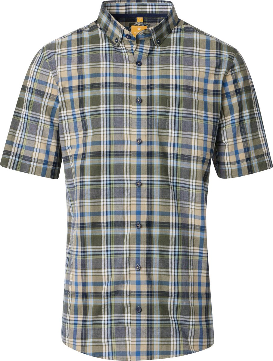 Redmond modern fit overhemd - korte mouw - seersucker - groen - blauw - beige - wit geruit