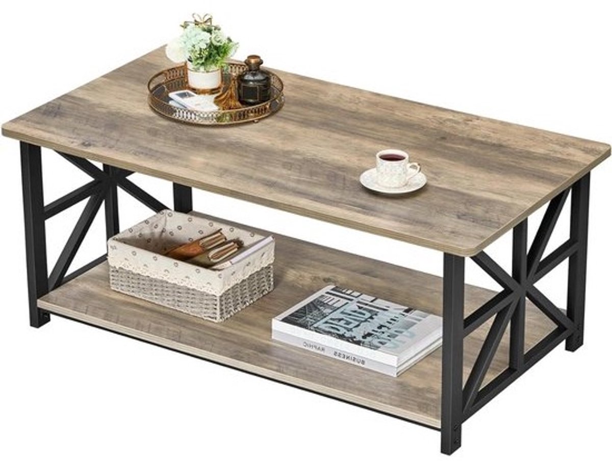 Salontafel Ronde Hoek - Center Tafel - Woonkamer Inrichten - X-Frame Stevig Ontwerp - 100 cm - Grijs Wassen