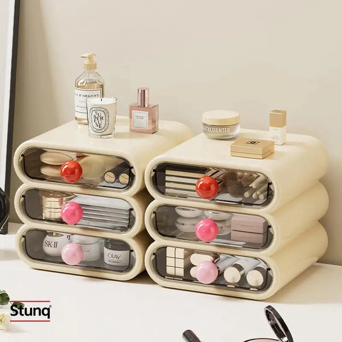 Stunq® 3-Lades Make-up Organizer – Stapelbare Opbergbox met Antival-beveiliging en Transparante Lades – Beige