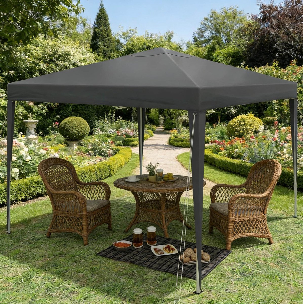 MEUNIQ Partytent Paviljoen 3 x 3 m met in hoogte verstelbaar frame, waterdicht Oxford dak, draagtas en haringen, antraciet