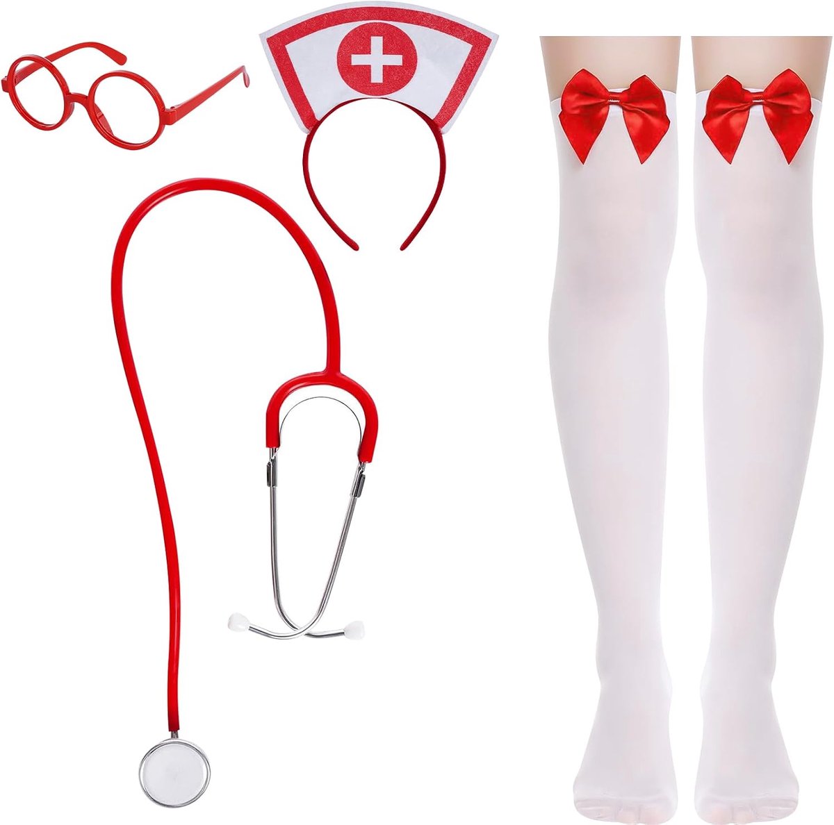 Accessoire voor verpleegsterskostuum, accessoireset voor verpleegster, Halloween, met hoofdband, stethoscoop, kousenband en bril, voor Halloween-themafeest