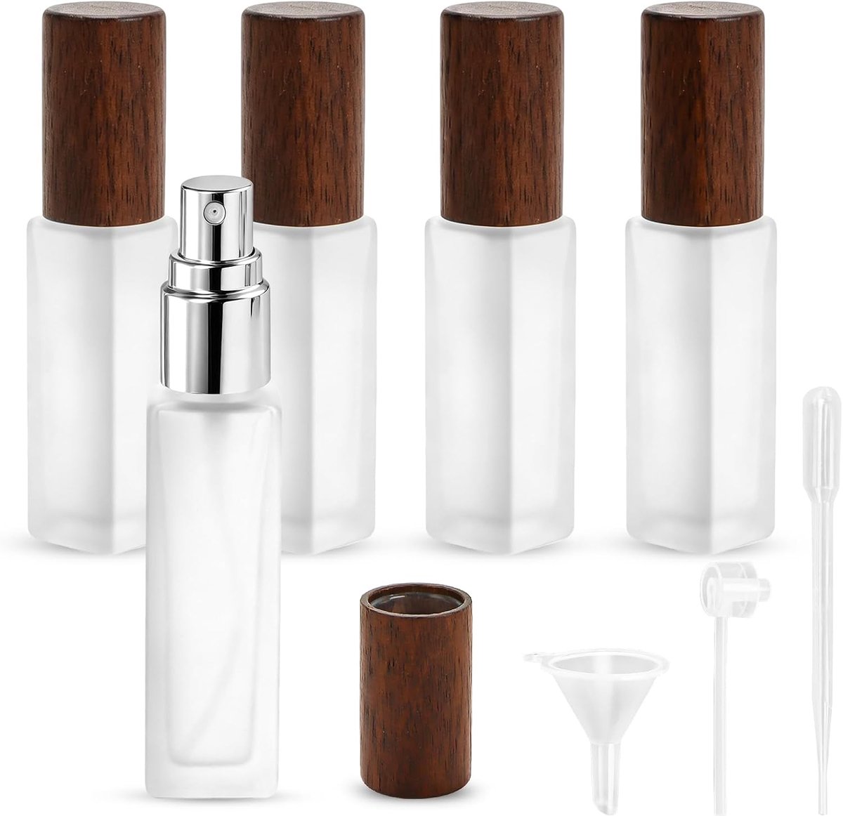 Parfum verstuiver glas met notenhouten deksel, set van 5, 10 ml, navulbare reisfles, glazen parfumverstuiver, fijne nevel, lekvrij, geschikt voor handbagage