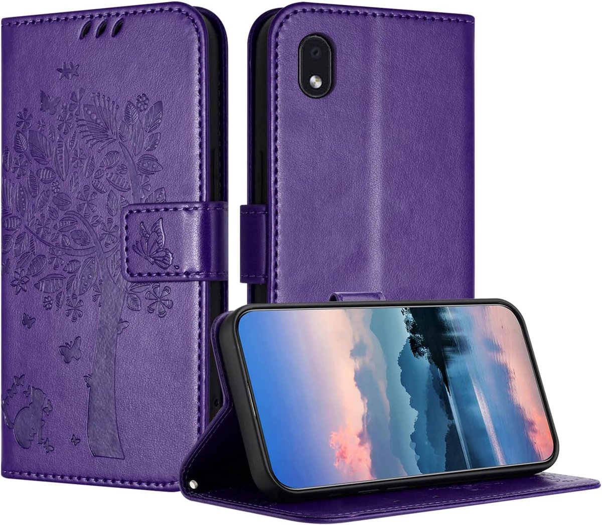 Hoes voor Samsung Galaxy A01 Core / M01, PU-leren portemonneehoes met reliëf met kaartenvak en magneetsluiting standfunctie hoesje compatibel met Samsung A01 Core - Inkt paars