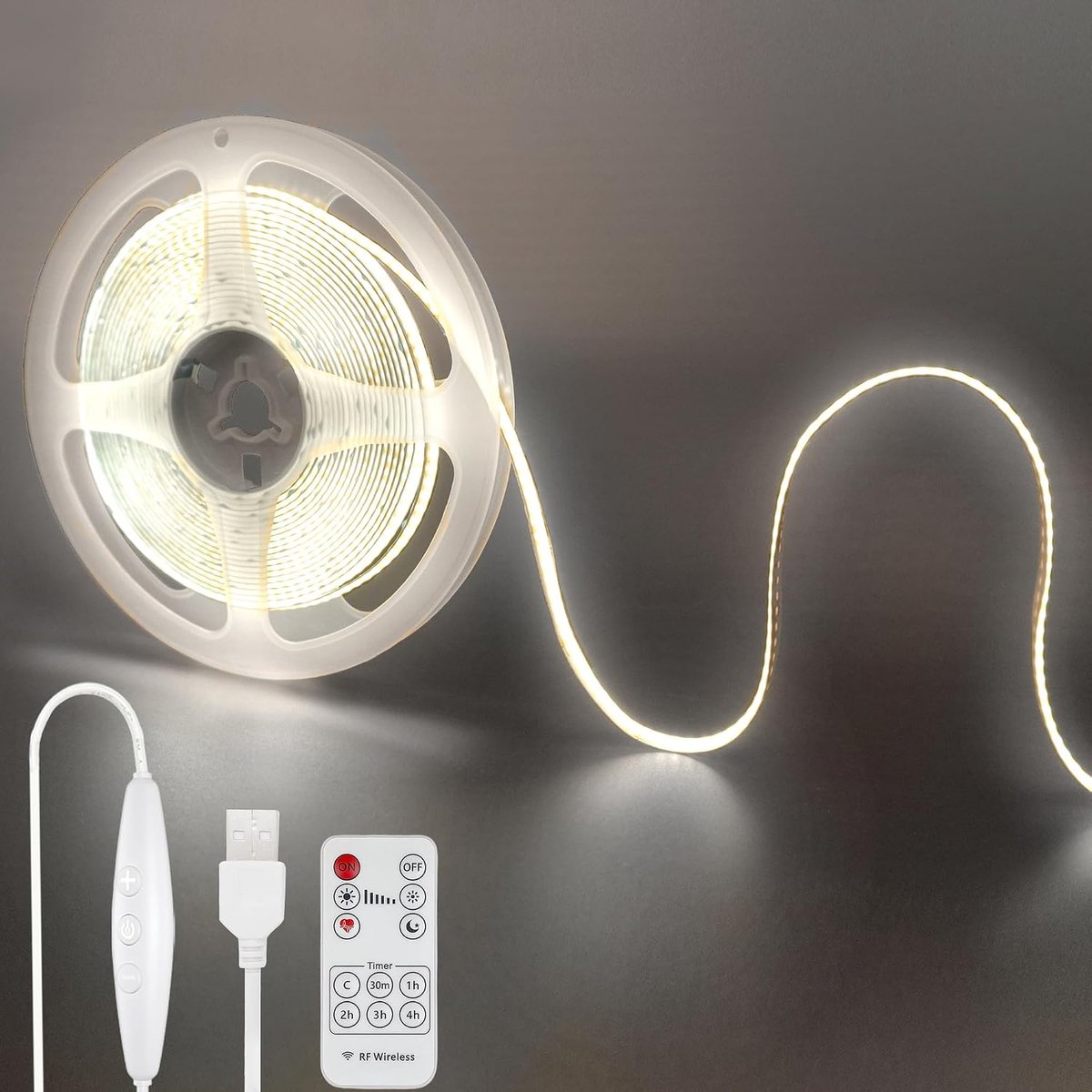 5V USB COB LED strip met op afstand instelbare schakelaar,9.84FT/3M,koudwit 6500K,320led /M,8mm breedte,niet waterdicht IP20,1.5m USB schakelkabel voor doe-het-zelf interieur