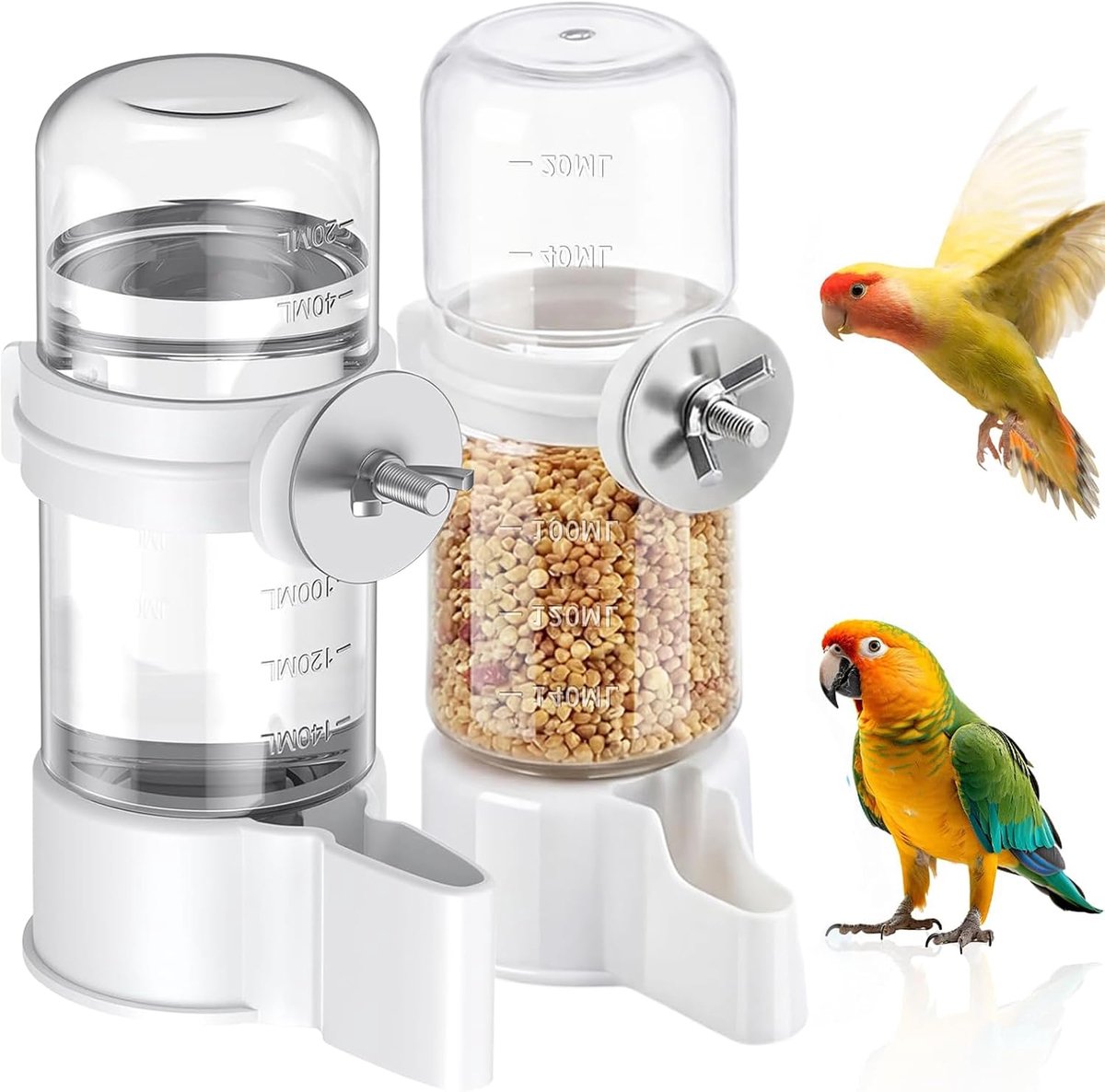 2 stuks vogelwaterdispenser, inhoud 140 ml, automatisch voederstation voor vogels, voor papegaaien, konijnen, chinchilla's, hamsters, honden en katten (wit)