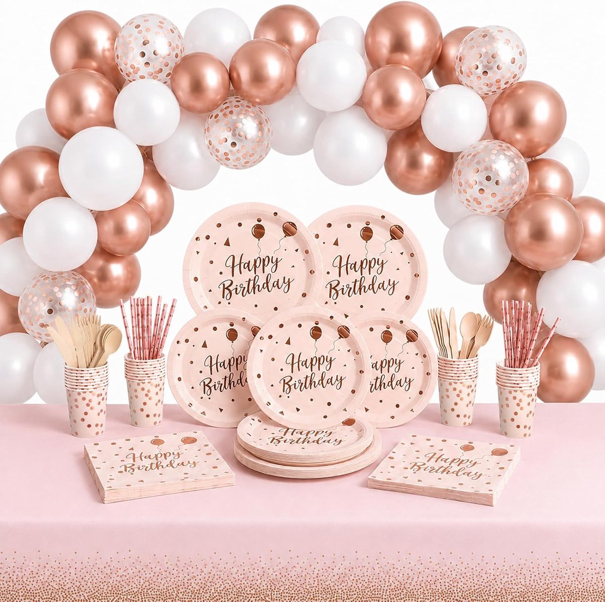 Roze feestservies (130-delig), ideaal voor verjaardagsfeestjes. Bevat papieren borden, servetten, bekers en houten bestek, voldoende voor 16 gasten.