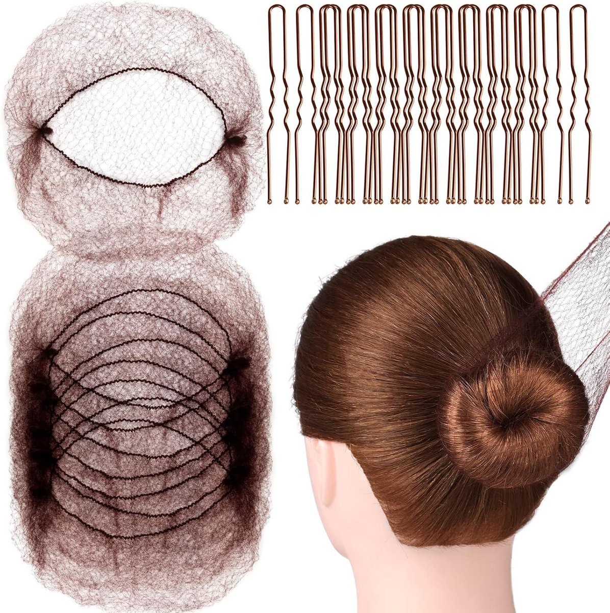 20 stuks haarknotnetjes voor meisjes en 40 U-vormige haarspelden, haarnet voor klassieke dans, kunstschaatsen, verpleegsters en vliegassistenten, bruin