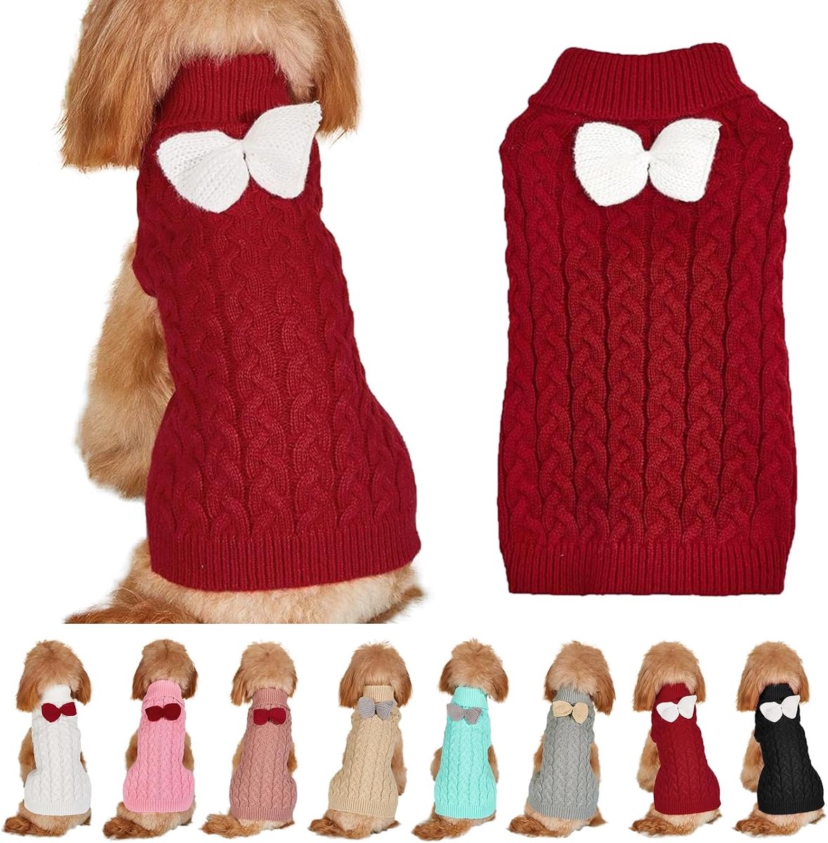 Vest, hond, coltrui, strik, gebreid, kleine hondentrui, warme hondenwinterkleding, trui, hondenjas, kerstkostuum voor honden en katten (rood, L)
