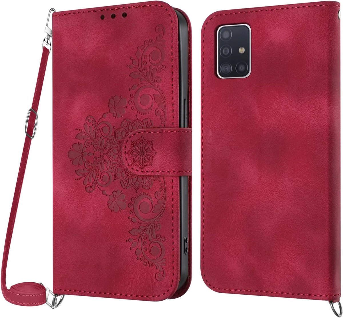 Hoesje voor Samsung Galaxy A51 4G met koord, Lederen Flip Wallet Telefoon met pasjeshouder Kickstand Magneetsluiting Compatibel met Samsung A51 4G - Rood