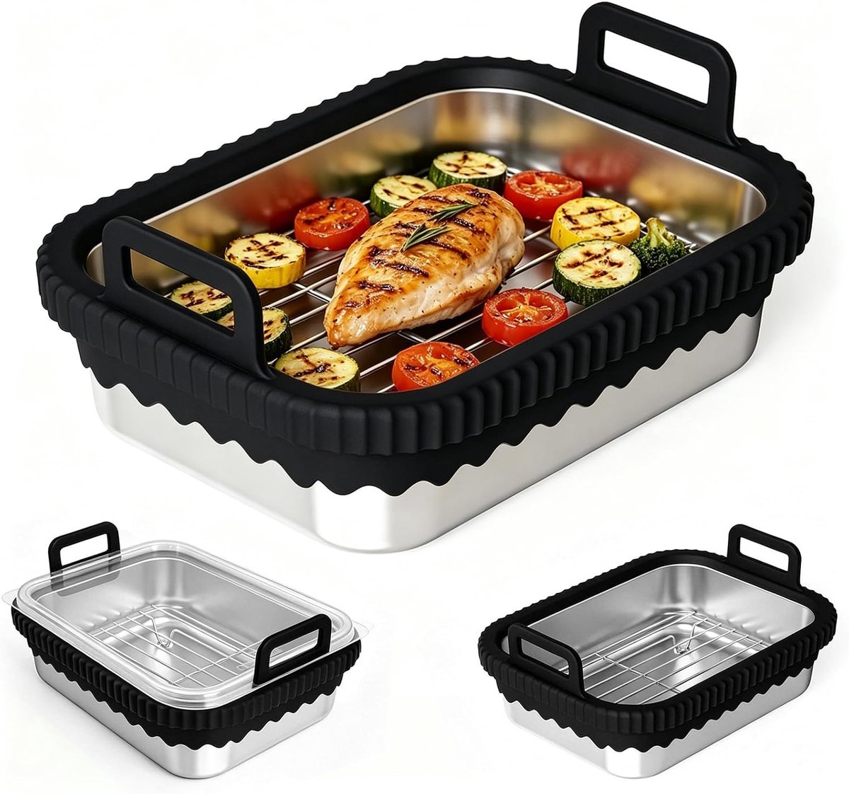 Airfryer voor COSORI heteluchtfriteuse 2 kamers/Ninja heteluchtfriteuse AF400EU/DZ400EU/AF451EU hittebestendig van roestvrij staal 304, krasbestendig, vaatwasmachinebestendig (zwart, met