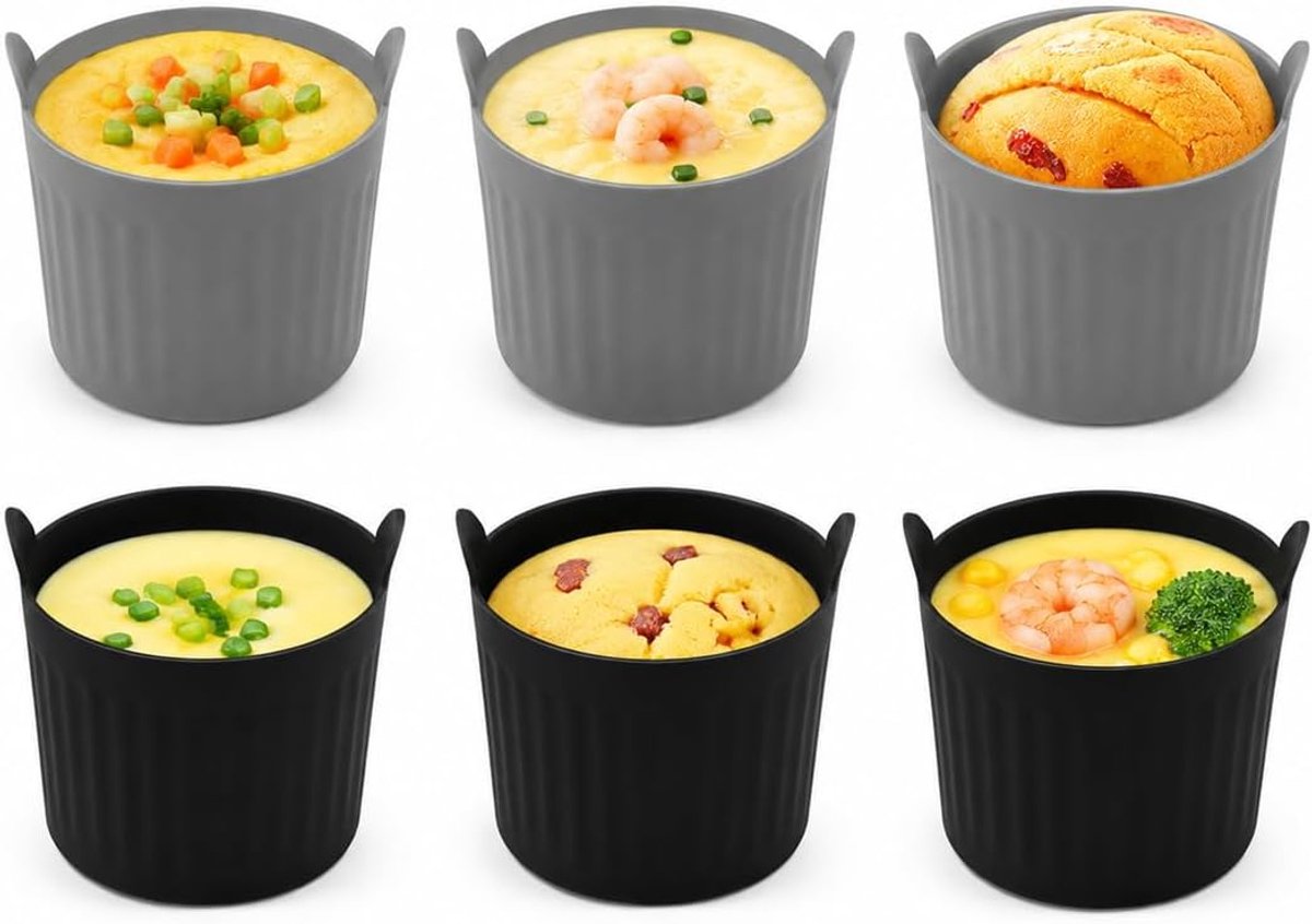 6 stuks siliconen vormen heteluchtfriteuse & airfryer eiervorm, met handgrepen, herbruikbare muffinvormpjes, bakvormen, antiaanbaklaag, voor oven en magnetron, zwart, grijs