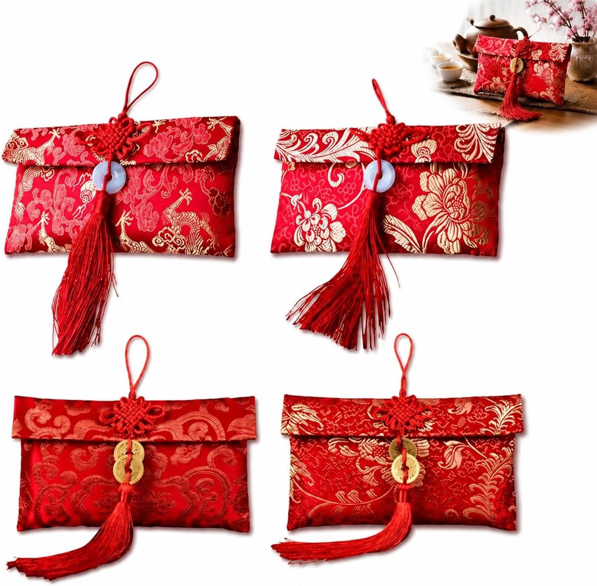 4 Stuks Chinese Rode Enveloppen van Zijde met Borduurpatroon Luxe Cadeau Enveloppen voor Nieuwjaar, Bruiloft, Verjaardag en Feestelijke Gelegenheden