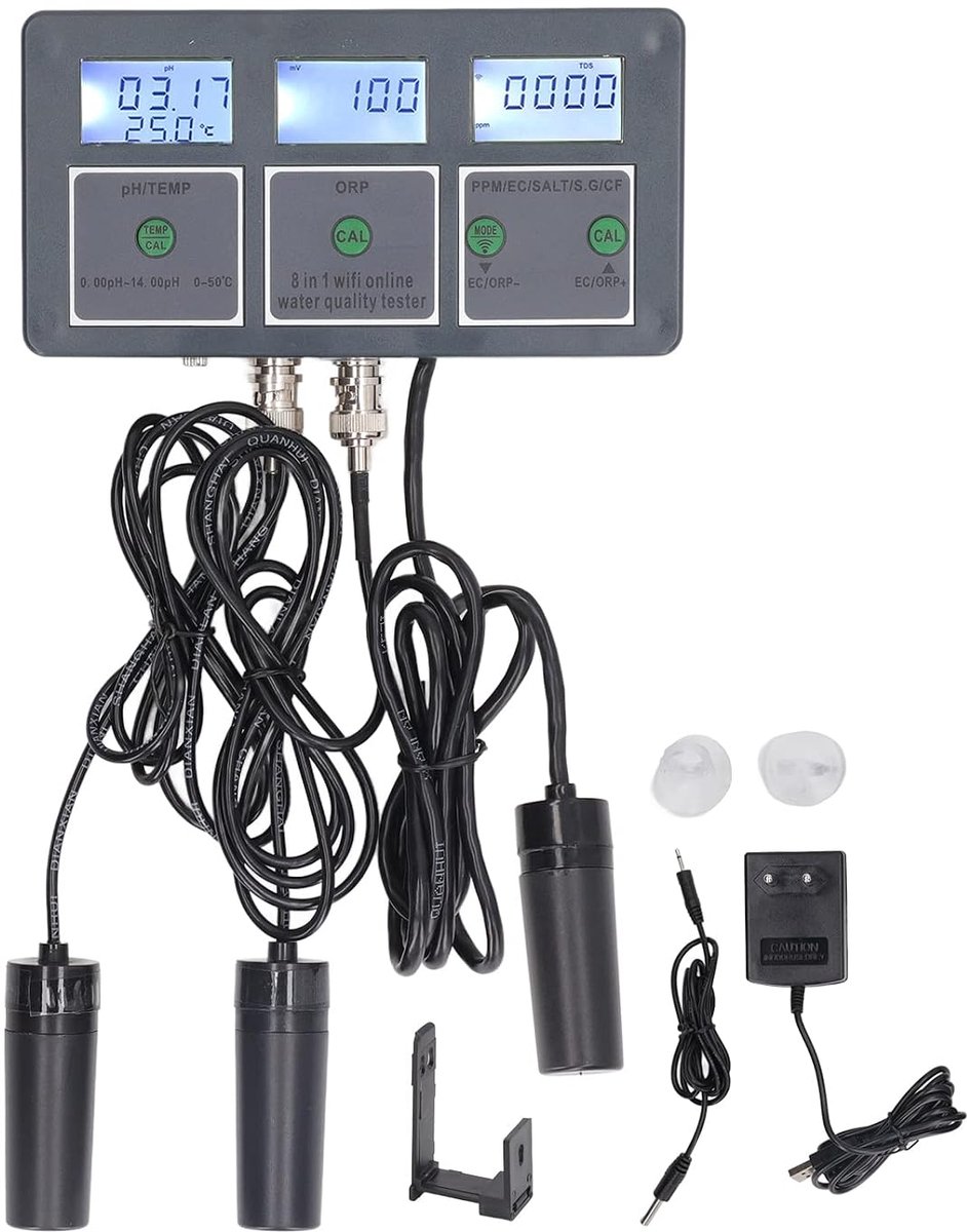 Waterkwaliteitstester, Multiparameter Online Monitoring, pH EC TDS ORP SALT CF SG Temp, EU-stekker 230V, App Besturing voor Aquarium en Zwembad