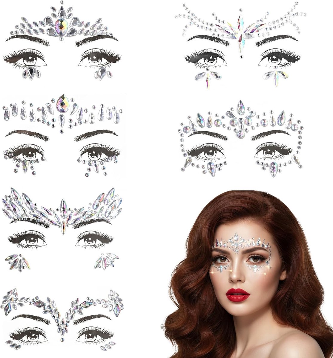 6 stuks glitterstenen voor gezicht, gezicht, strassteentjes, tijdelijke tatoeages, glitter-gezichtsstickers voor carnaval, muziekfestival, themafeest – dames, heren en kinderen, universeel