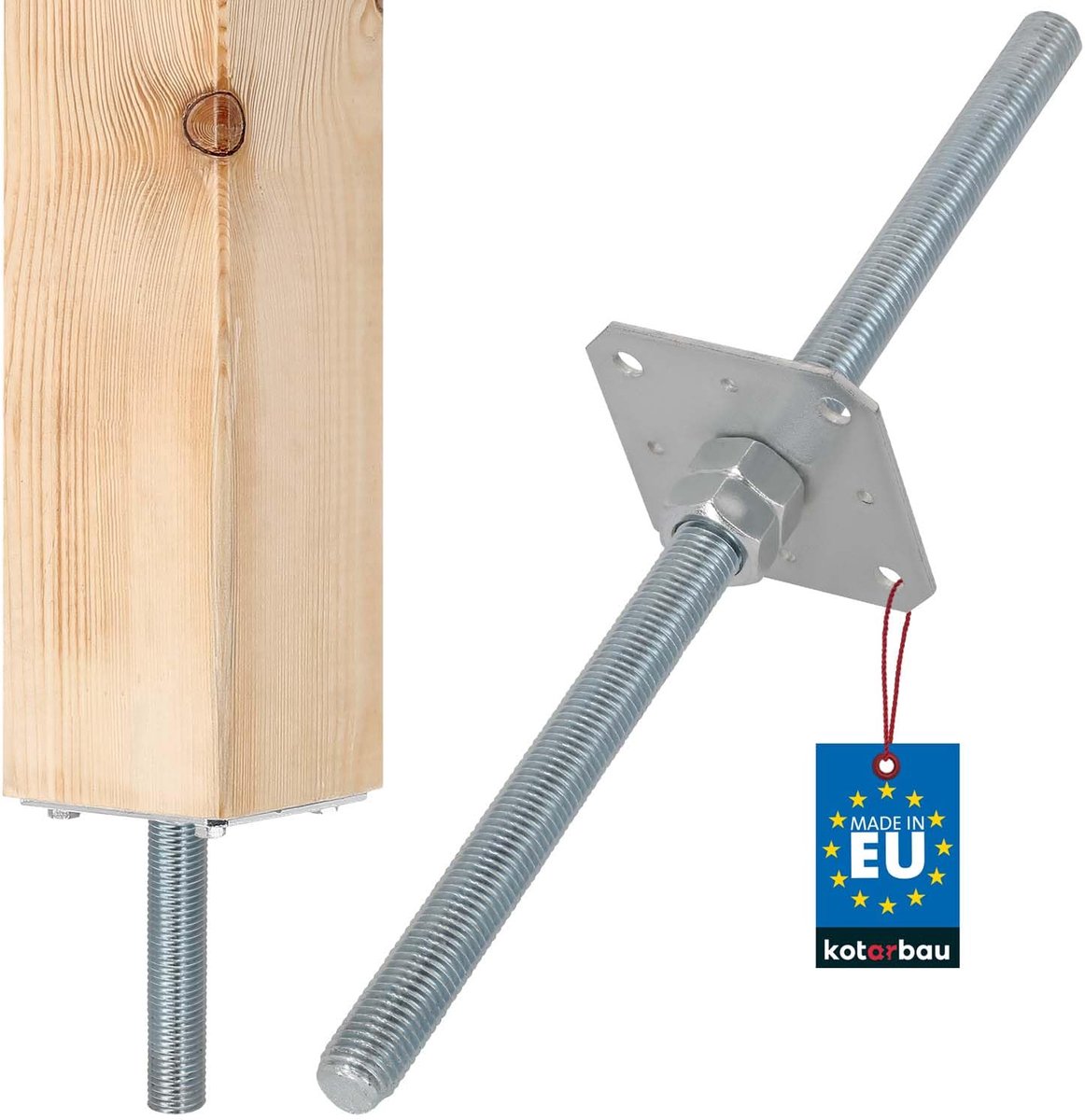 KOTARBAU® Paalhouder Verstelbaar - Paalvoet 110x110 mm - Paalsteun M24x500 mm Paaldrager met Schroefdraad - Verstelbare Paalhouder - Gegalvaniseerde Paalhouder - Zilver
