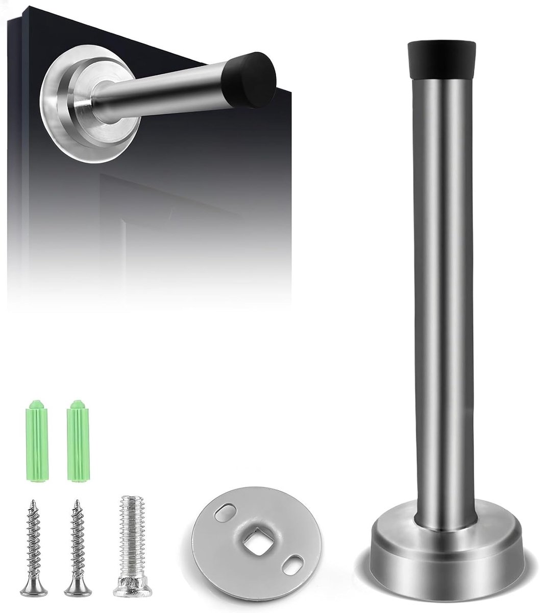 Deurstopper voor aan de muur, van roestvrij staal, met rubberen buffer, 15 cm, deurhouder, inclusief bevestigingselementen